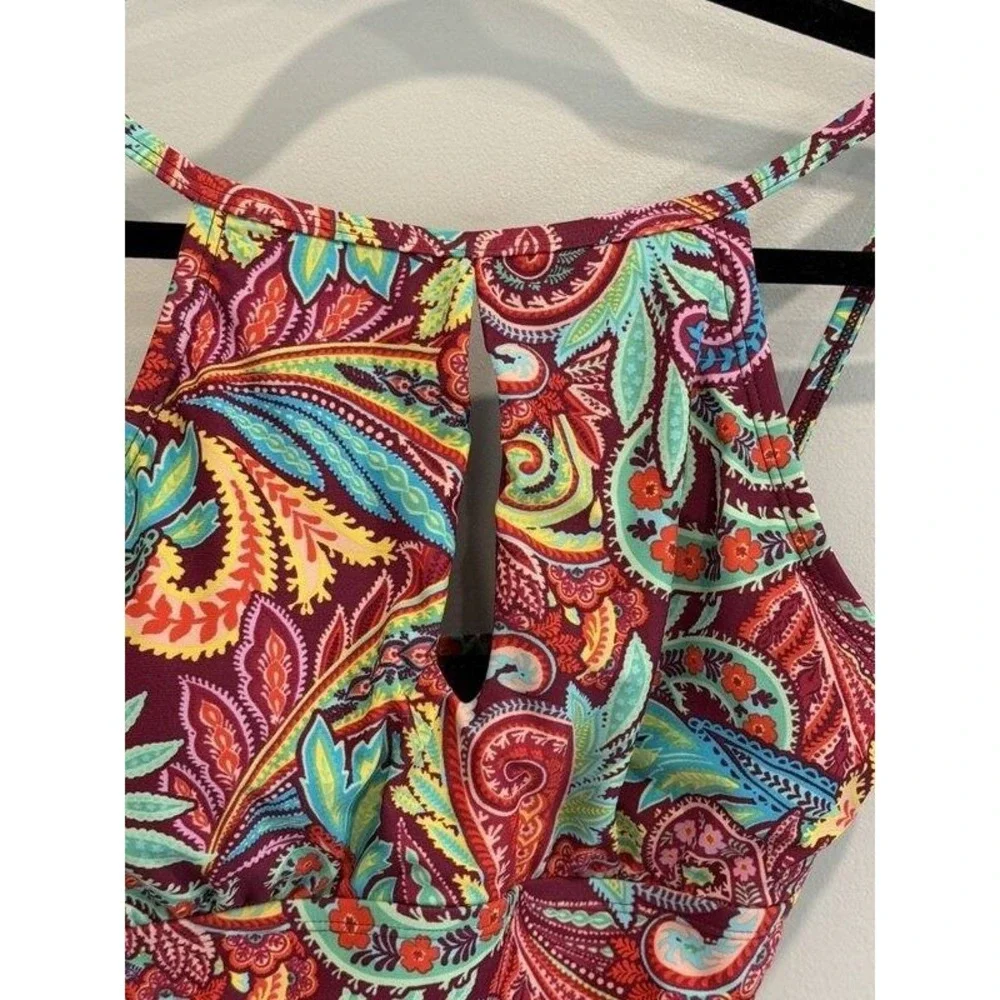 Ellen Tracy Womens Swimsuit High Neck Keyhole Paisley Leaf Print One Piece 8